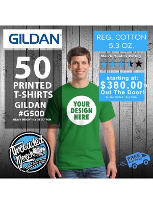 50 #G500 Gildan Adult Heavy Cotton™ 5.3 oz.  Custom Screen Printed T Shirts Special