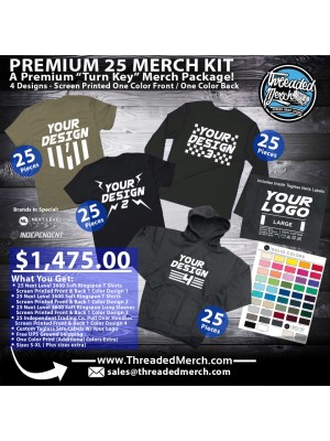 Premium 25 Merch Package - 25 IND400 Premium Medium Weight Hoodies - 25 Premium T shirts - 25 Premium Long Sleeves - 25 Premium T-Shirts
