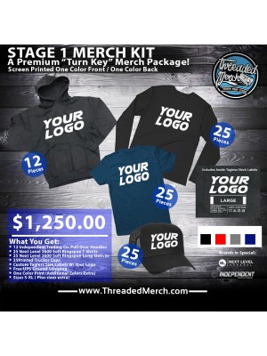 Stage 1 Merch Kit - 12 IND400  Premium Medium Weight Hoodies - 25 Premium T shirts - 25 Premium Long Sleeves - 25 Trucker Caps