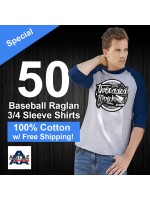 50 Custom Screen Printed  100% Cotton 3/4 Sleeve Baseball Tee -  Alstyle  1334 - Special