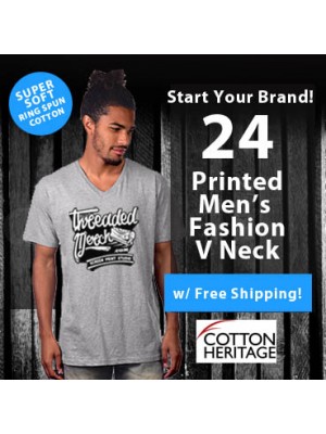 24 Custom Screen Printed Mens V-Neck - Fashion Ring Spun Special MC1047