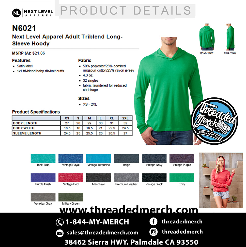 50 - NEXT LEVEL N6021 Next Level Adult Triblend Long-Sleeve Hoodies Special Package Sell Sheet